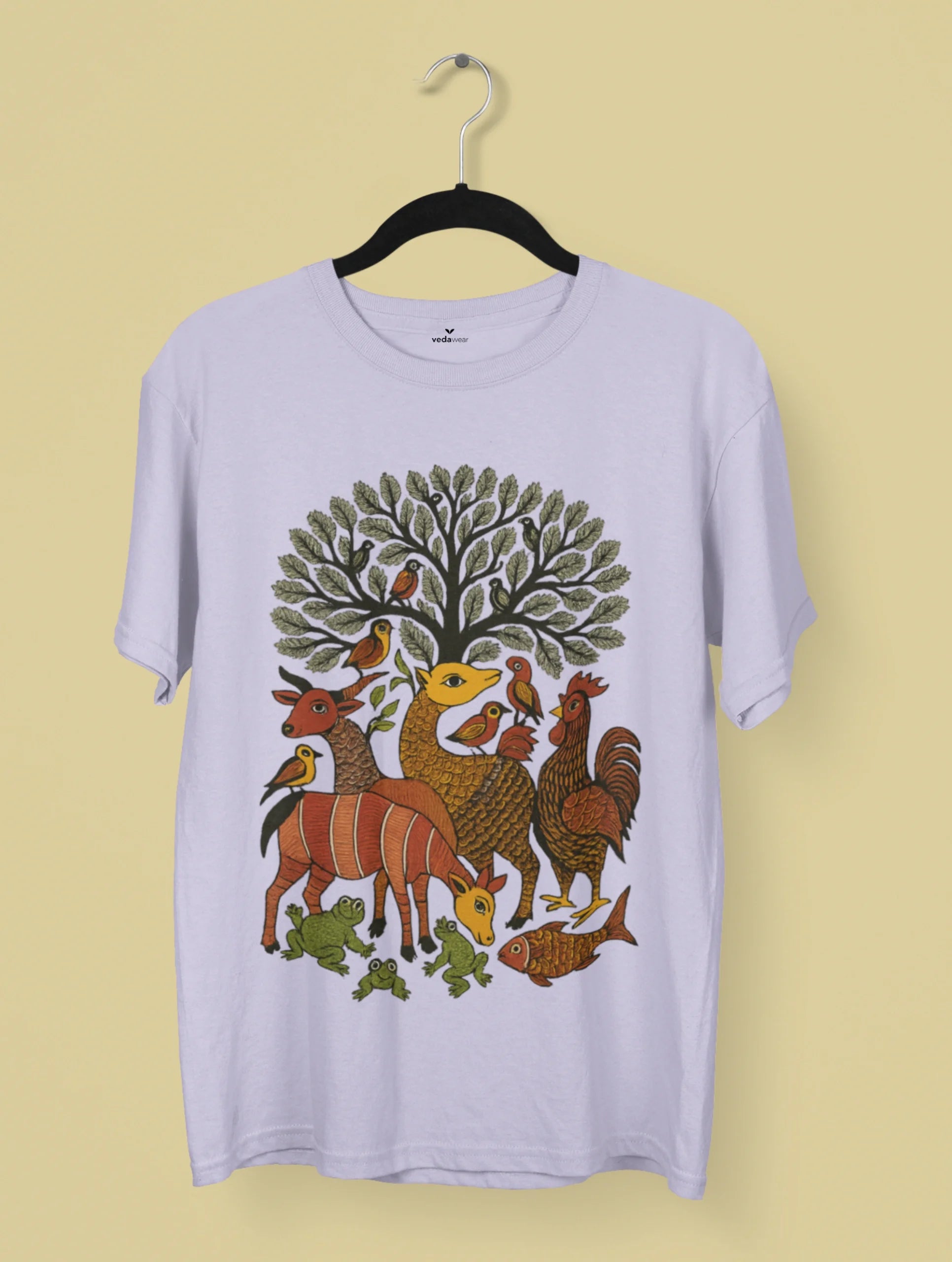 Gond art–inspired design of jungle animals under a tree on a white premium Vedawear T-shirt