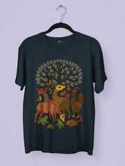 Gond art–inspired design of jungle animals under a tree on a white premium Vedawear T-shirt