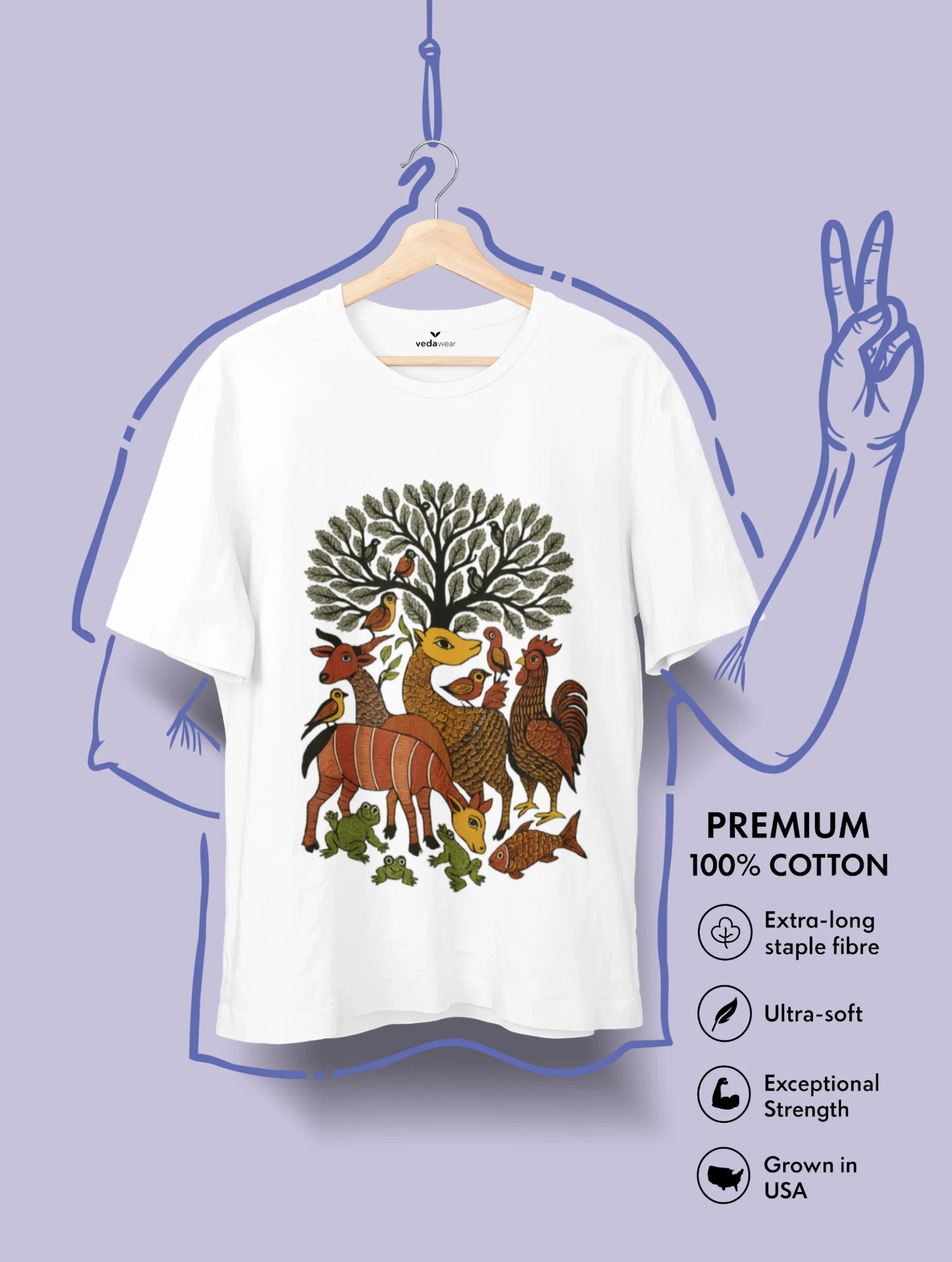 Gond art–inspired design of jungle animals under a tree on a white premium Vedawear T-shirt