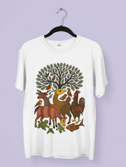 Gond art–inspired design of jungle animals under a tree on a white premium Vedawear T-shirt
