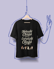 premium T-shirt with “Nobody Claps Until Everybody Claps” quote and diverse hands clapping – unity-themed Vedawear design.