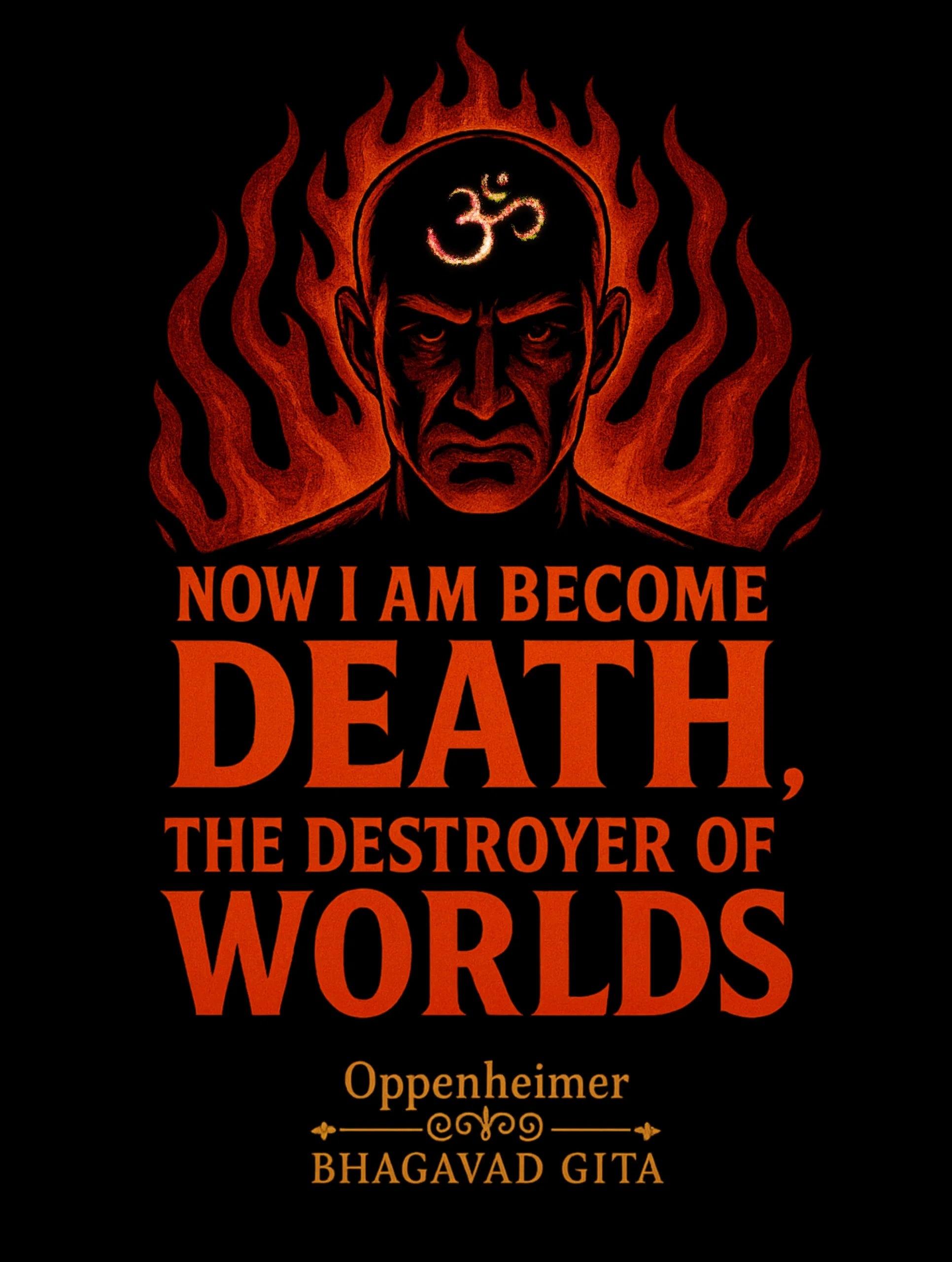 Vedawear Oppenheimer Black Edition Premium T-shirt featuring fiery Om design and Bhagavad Gita quote “Now I am become Death, the destroyer of worlds.”
