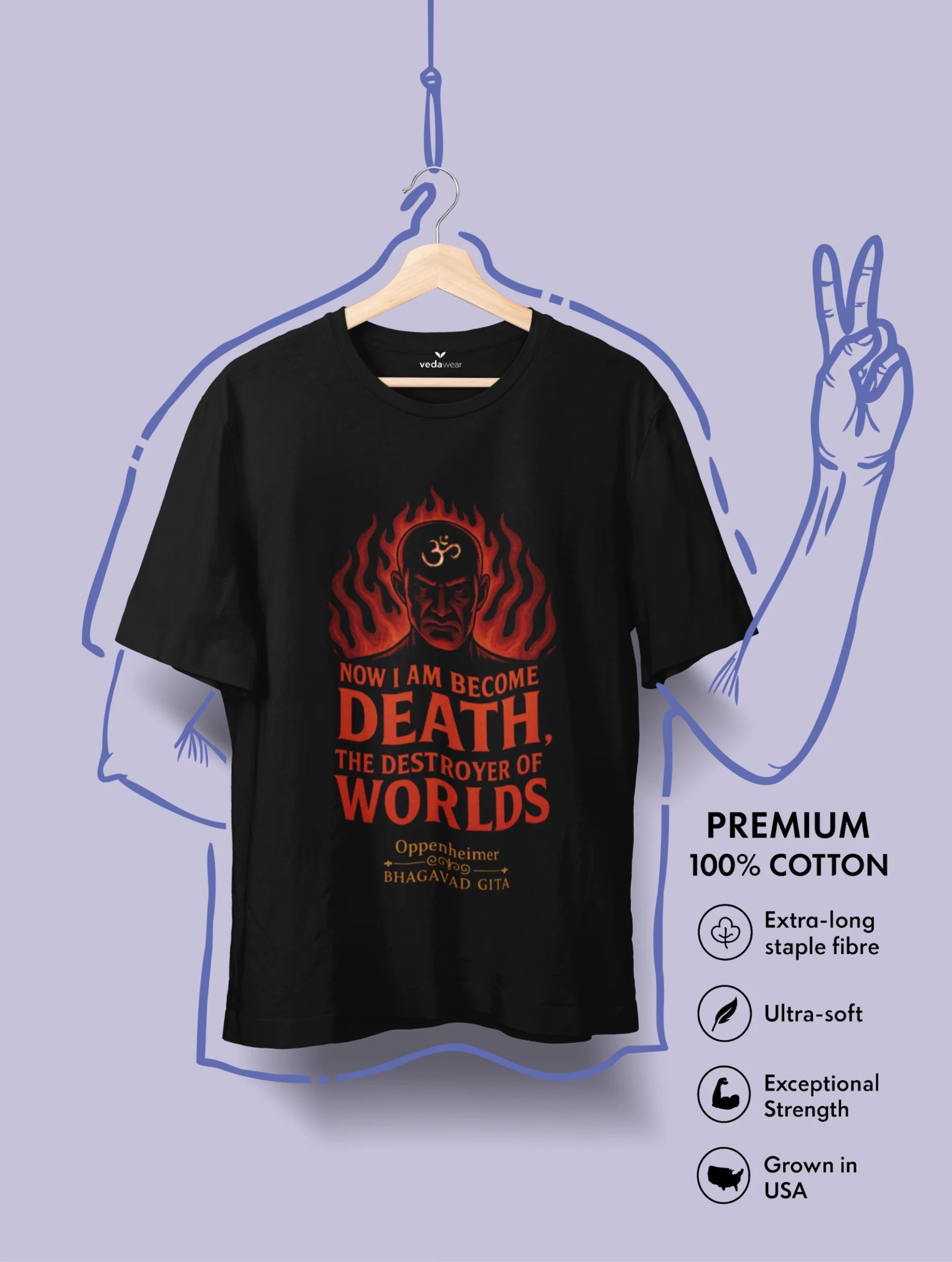 Vedawear Oppenheimer Black Edition Premium T-shirt featuring fiery Om design and Bhagavad Gita quote “Now I am become Death, the destroyer of worlds.”