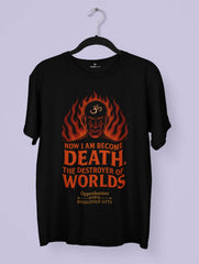 Vedawear Oppenheimer Black Edition Premium T-shirt featuring fiery Om design and Bhagavad Gita quote “Now I am become Death, the destroyer of worlds.”