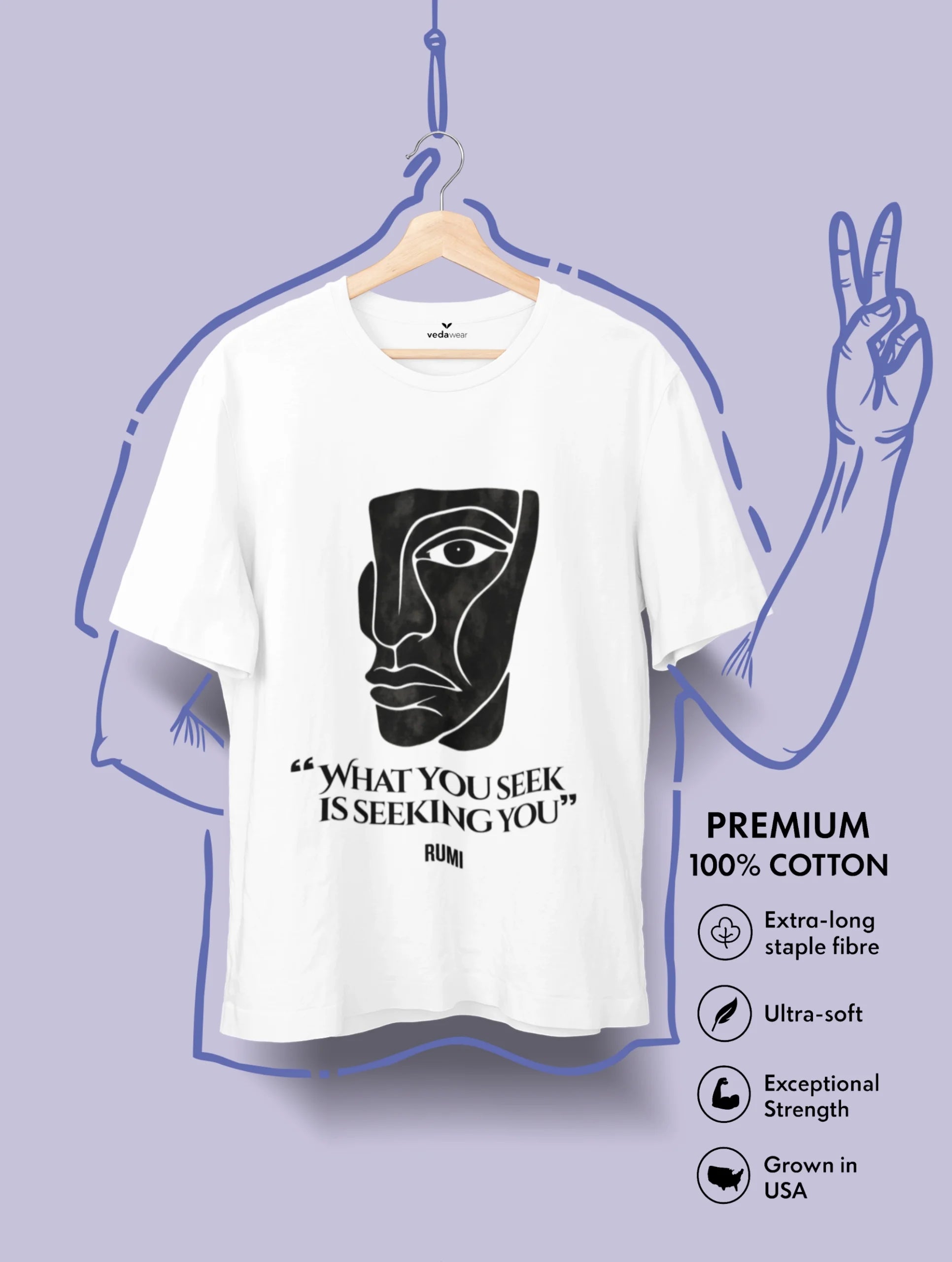 Soul in Fragments Rumi N Picasso Premium Tee by Vedawear — cubist inspired black and white face with Rumi quot