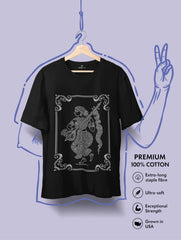 Kolam-style line art on a black premium cotton T-shirt – Sacred Lines by Vedawear