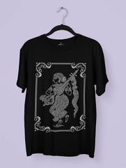 Kolam-style line art on a black premium cotton T-shirt – Sacred Lines by Vedawear