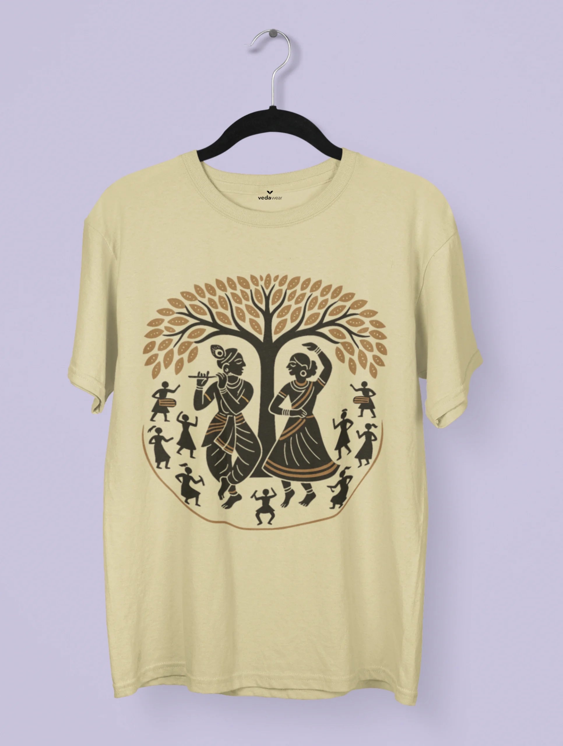 Sacred Melody – Patachitra Folk Art Premium Tee by Vedawear featuring Radha and Krishna under a sacred tree surrounded by dancers, inspired by traditional Odisha and Bengal Patachitra painting, printed on premium cotton.