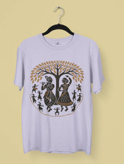 Sacred Melody – Patachitra Folk Art Premium Tee by Vedawear featuring Radha and Krishna under a sacred tree surrounded by dancers, inspired by traditional Odisha and Bengal Patachitra painting, printed on premium cotton.