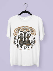 Sacred Melody – Patachitra Folk Art Premium Tee by Vedawear featuring Radha and Krishna under a sacred tree surrounded by dancers, inspired by traditional Odisha and Bengal Patachitra painting, printed on premium cotton.