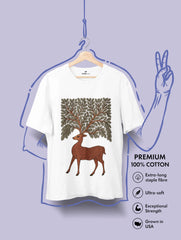 Gond tribal art–inspired deer with foliage antlers printed on a white Vedawear premium cotton T-shirt