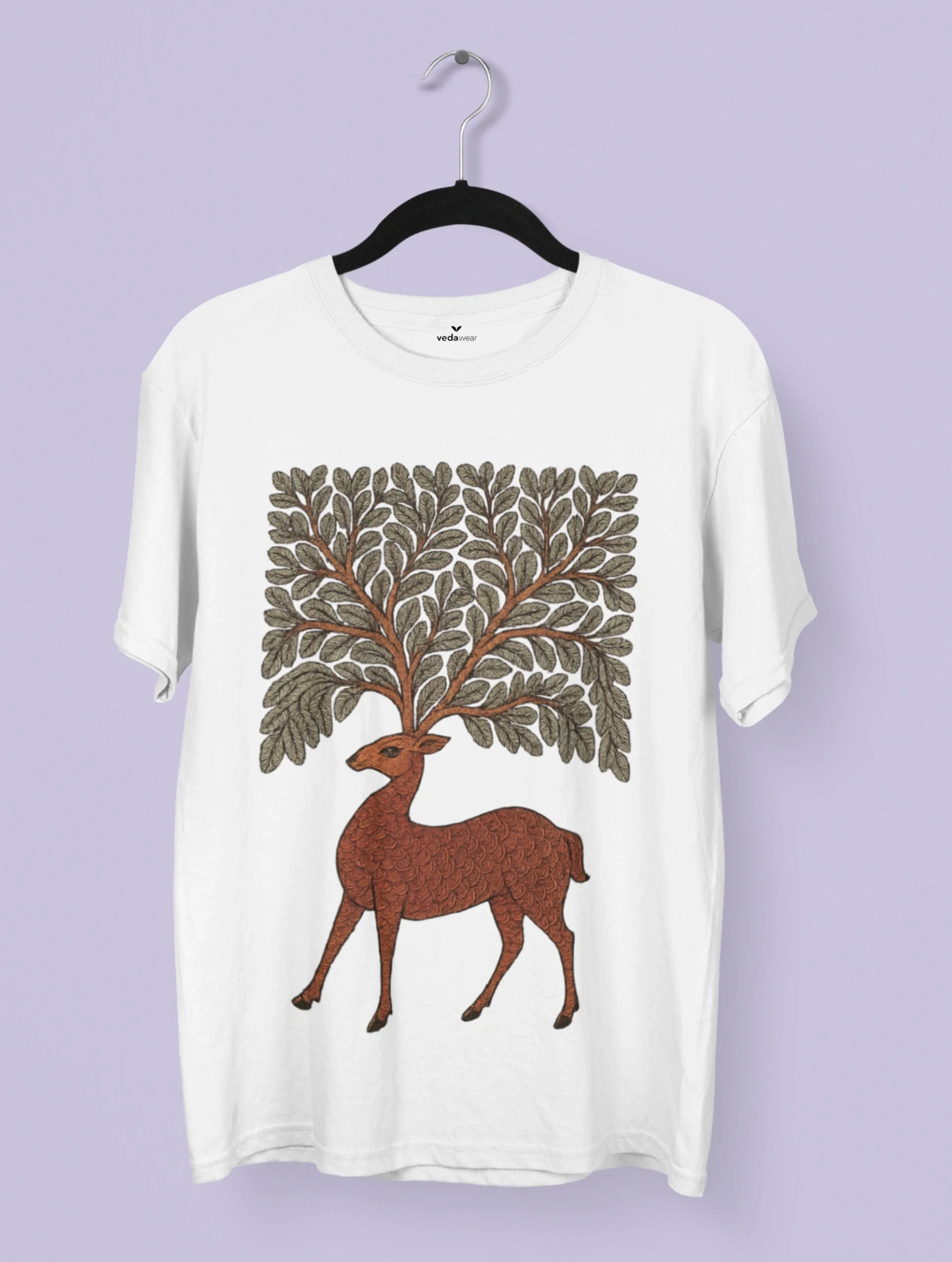 Gond tribal art–inspired deer with foliage antlers printed on a white Vedawear premium cotton T-shirt
