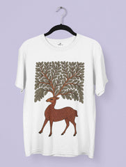 Gond tribal art–inspired deer with foliage antlers printed on a white Vedawear premium cotton T-shirt