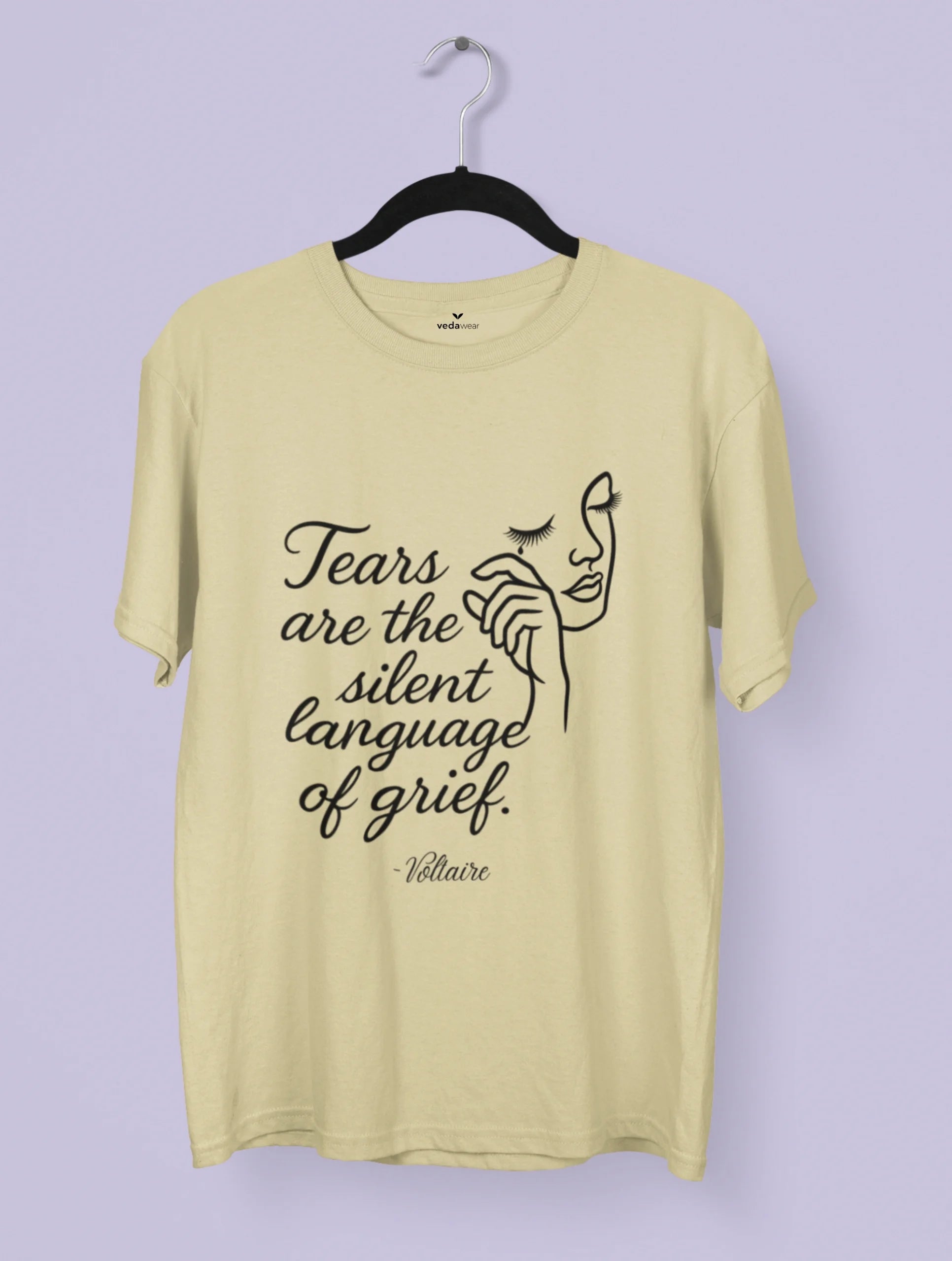 Tears of Grief – Voltaire Quote Premium Art Tee by Vedawear, minimalist line-art face design on Supima cotton with DTG print