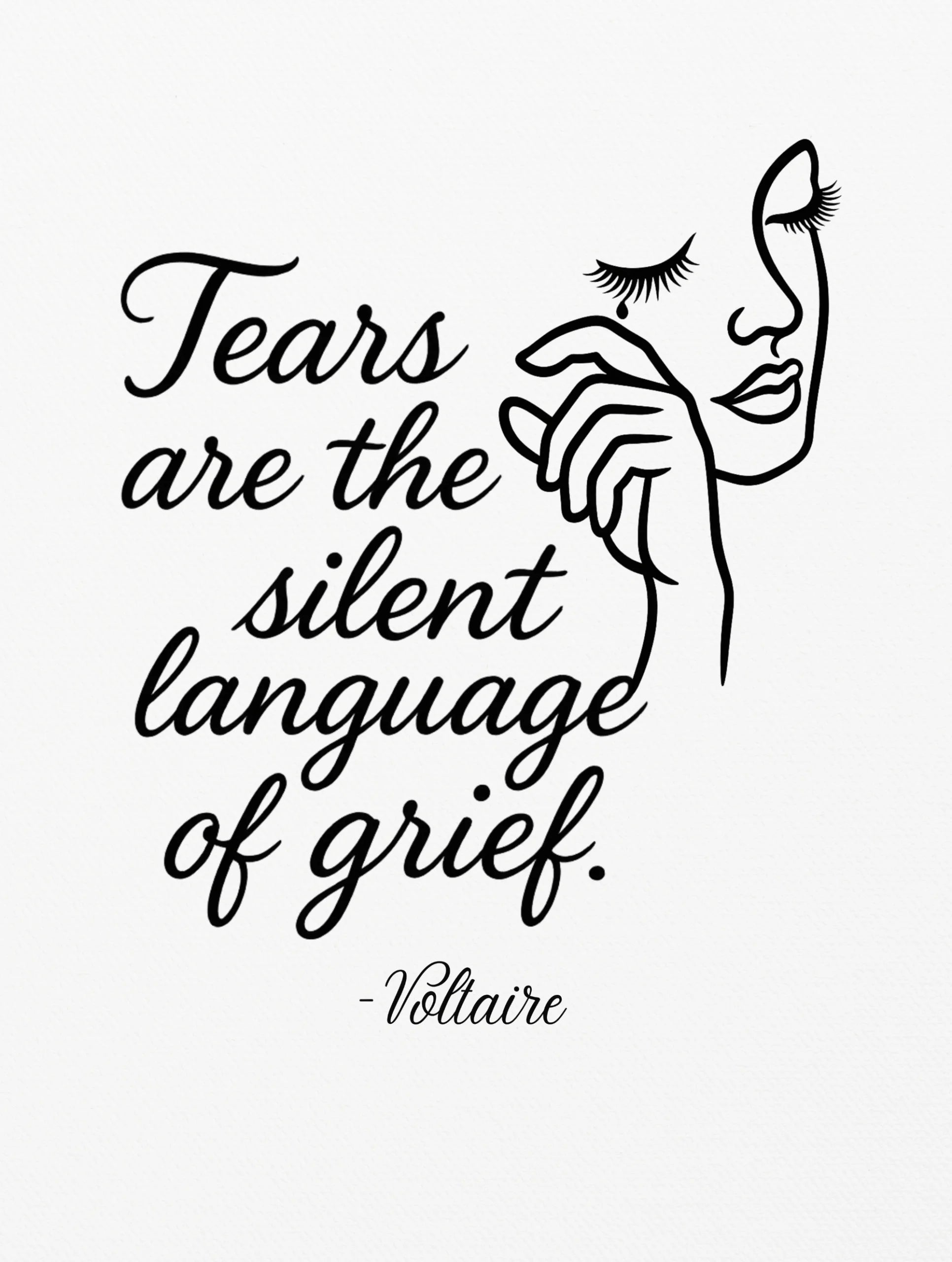 Tears of Grief – Voltaire Quote Premium Art Tee by Vedawear, minimalist line-art face design on Supima cotton with DTG print