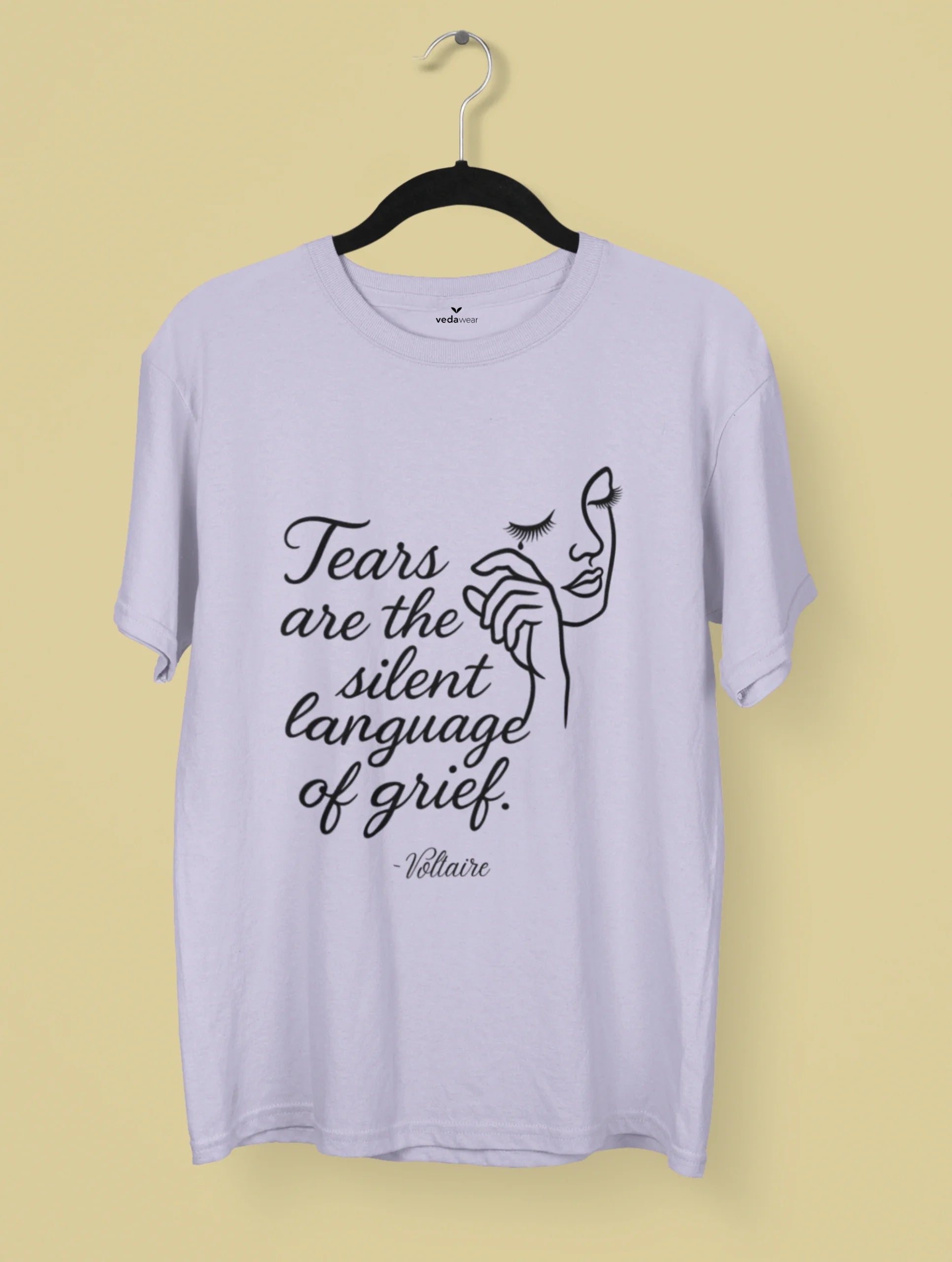 Tears of Grief – Voltaire Quote Premium Art Tee by Vedawear, minimalist line-art face design on Supima cotton with DTG print