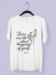 Tears of Grief – Voltaire Quote Premium Art Tee by Vedawear, minimalist line-art face design on Supima cotton with DTG print