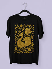 Timeless Grace – Kalamkari Folk Art Premium Tee by Vedawear featuring a golden peacock with intricate floral motifs, inspired by traditional Indian Kalamkari design, printed on premium cotton.