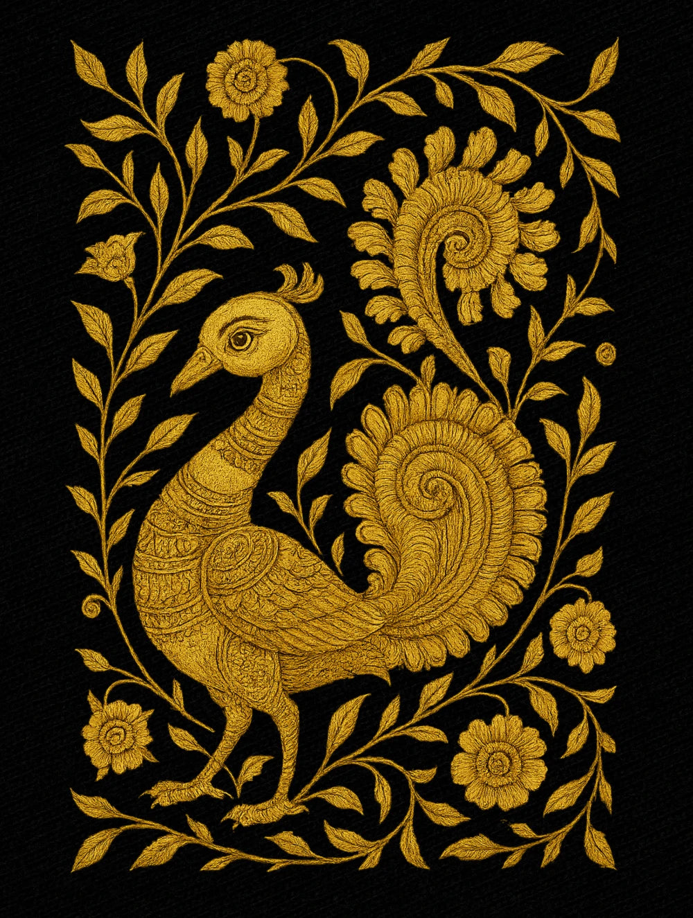 Timeless Grace – Kalamkari Folk Art Premium Tee by Vedawear featuring a golden peacock with intricate floral motifs, inspired by traditional Indian Kalamkari design, printed on premium cotton.