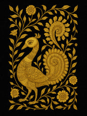 Timeless Grace – Kalamkari Folk Art Premium Tee by Vedawear featuring a golden peacock with intricate floral motifs, inspired by traditional Indian Kalamkari design, printed on premium cotton.