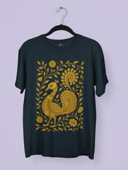Timeless Grace – Kalamkari Folk Art Premium Tee by Vedawear featuring a golden peacock with intricate floral motifs, inspired by traditional Indian Kalamkari design, printed on premium cotton.