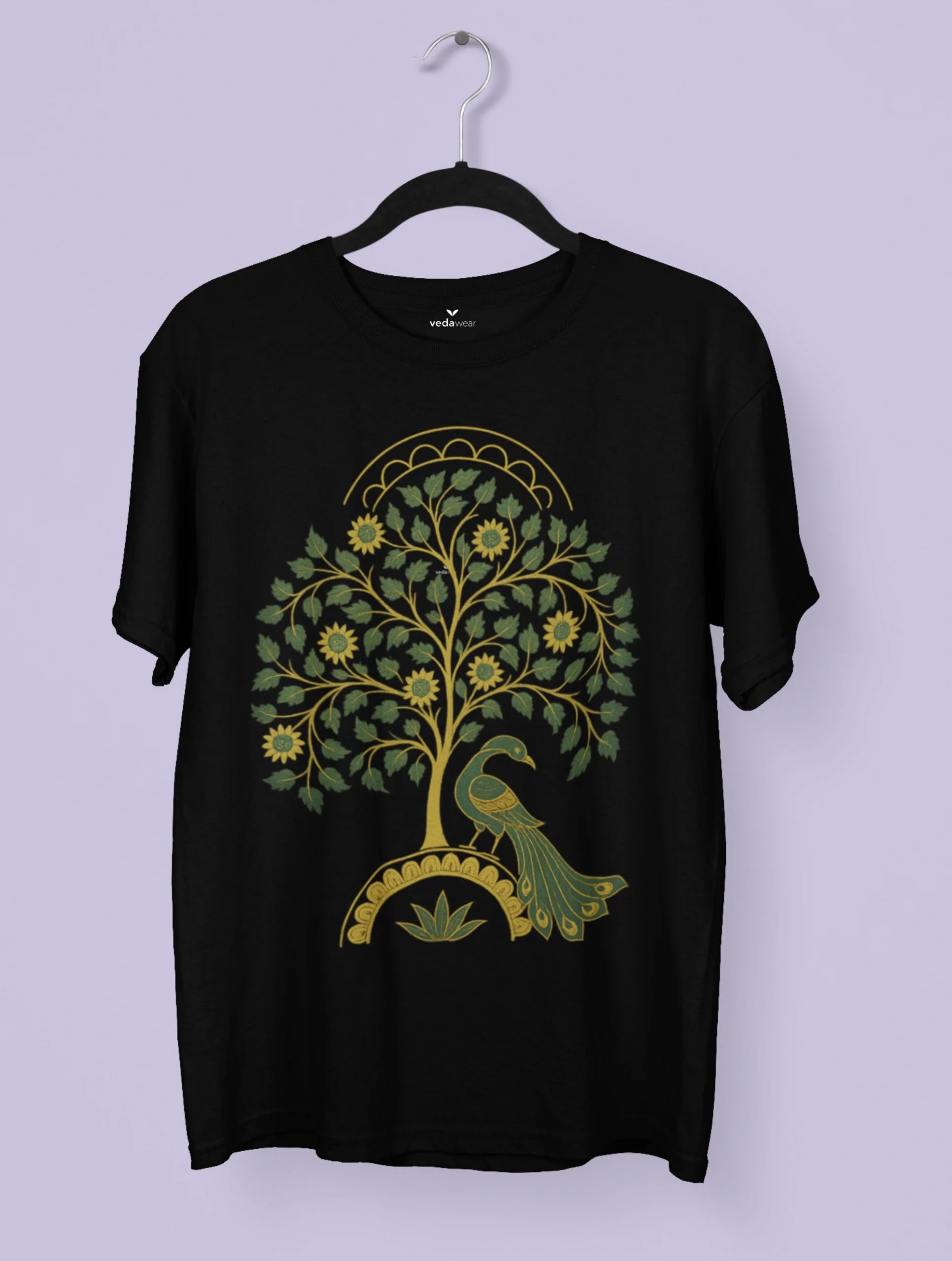Vedawear Tree of Life Kalamkari art inspired premium cotton tee featuring a peacock beneath a flourishing tree of life.
