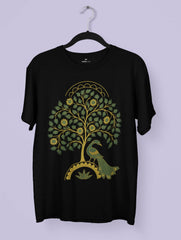 Vedawear Tree of Life Kalamkari art inspired premium cotton tee featuring a peacock beneath a flourishing tree of life.