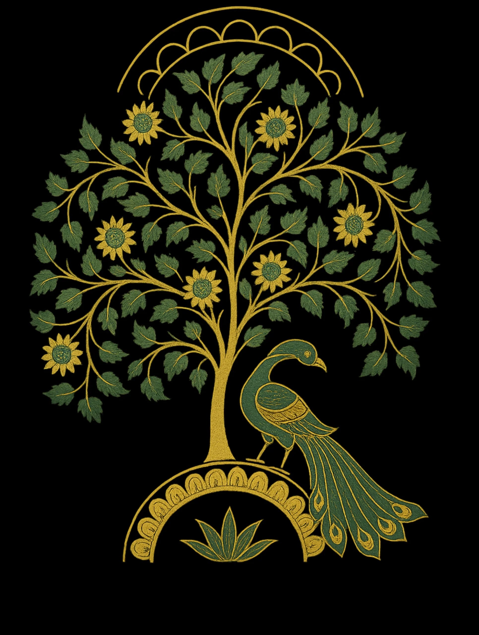 Vedawear Tree of Life Kalamkari art inspired premium cotton tee featuring a peacock beneath a flourishing tree of life.