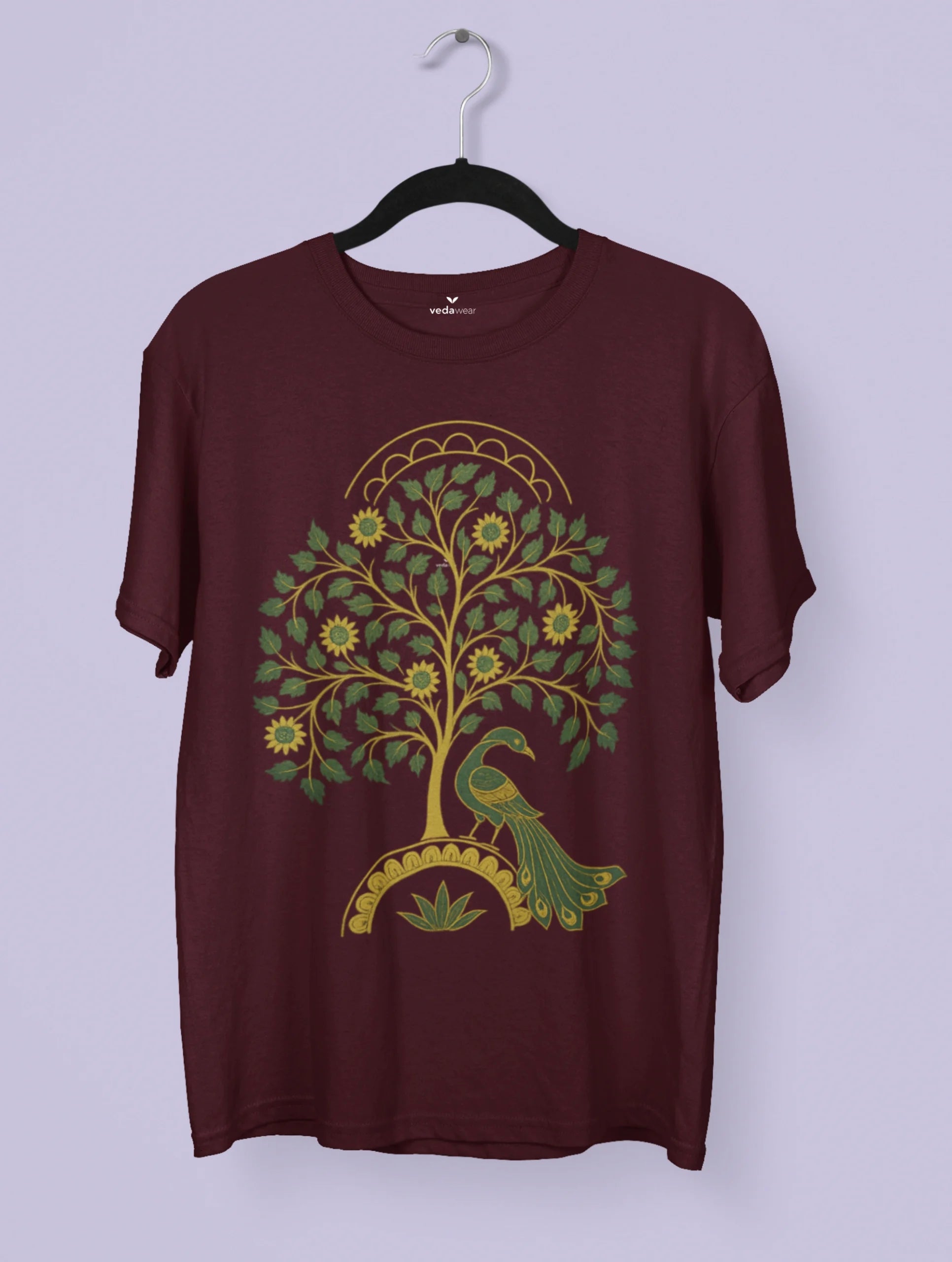 Vedawear Tree of Life Kalamkari art inspired premium cotton tee featuring a peacock beneath a flourishing tree of life.