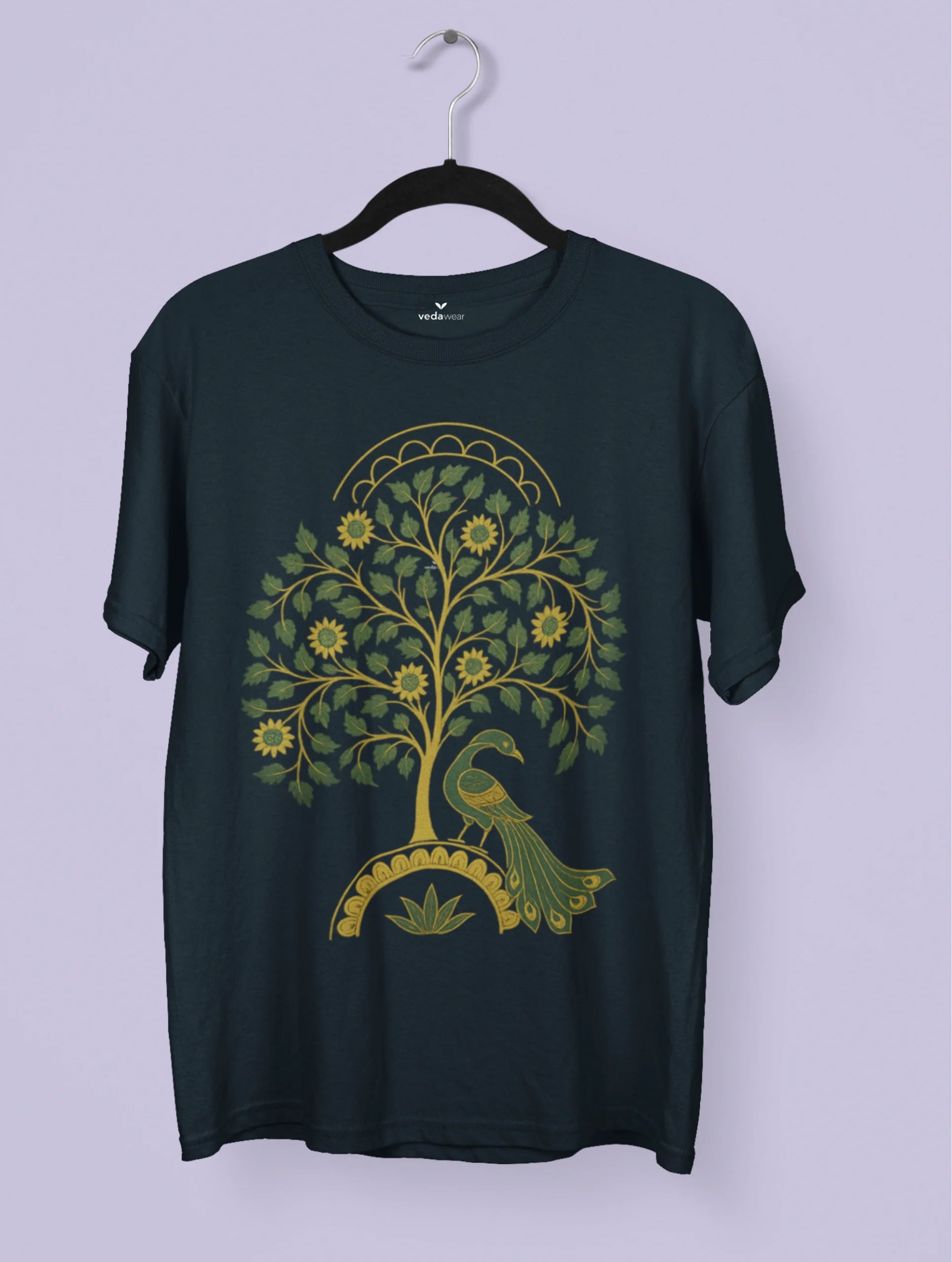 Vedawear Tree of Life Kalamkari art inspired premium cotton tee featuring a peacock beneath a flourishing tree of life.