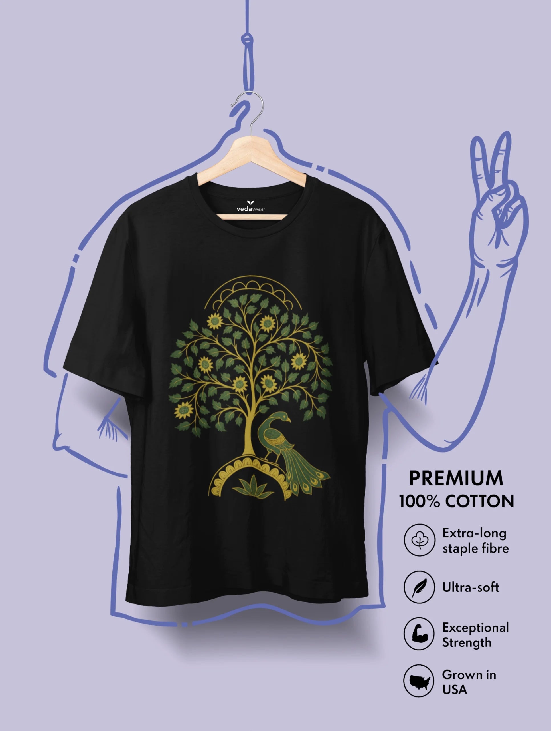 Vedawear Tree of Life Kalamkari art inspired premium cotton tee featuring a peacock beneath a flourishing tree of life.