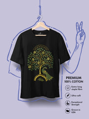 Vedawear Tree of Life Kalamkari art inspired premium cotton tee featuring a peacock beneath a flourishing tree of life.
