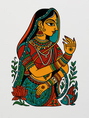 Madhubani folk art T-shirt design featuring a traditional Indian woman surrounded by lotus and fish motifs in vibrant colors