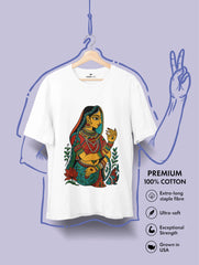 Madhubani folk art T-shirt design featuring a traditional Indian woman surrounded by lotus and fish motifs in vibrant colors