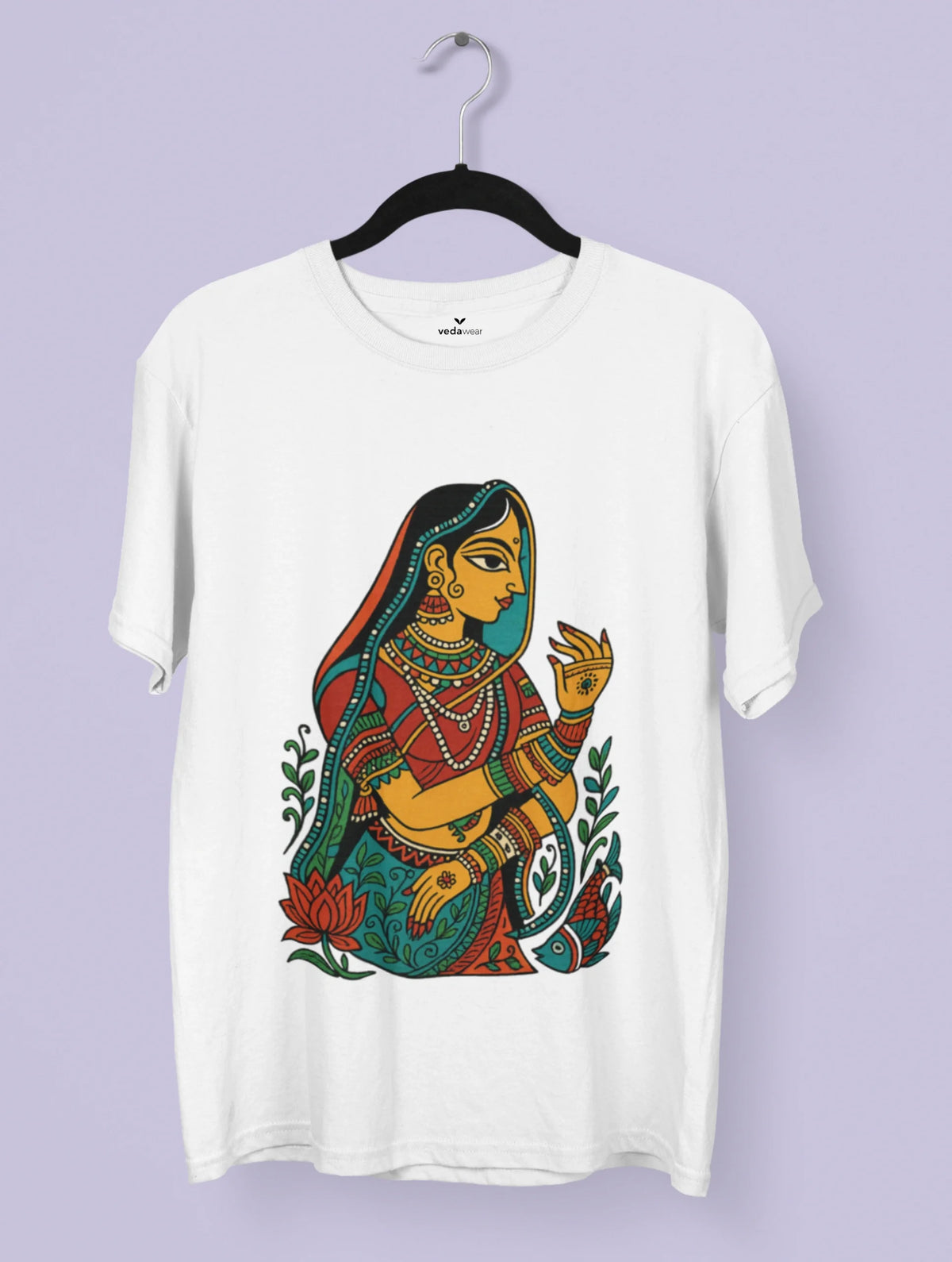 Madhubani folk art T-shirt design featuring a traditional Indian woman surrounded by lotus and fish motifs in vibrant colors