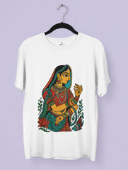 Madhubani folk art T-shirt design featuring a traditional Indian woman surrounded by lotus and fish motifs in vibrant colors