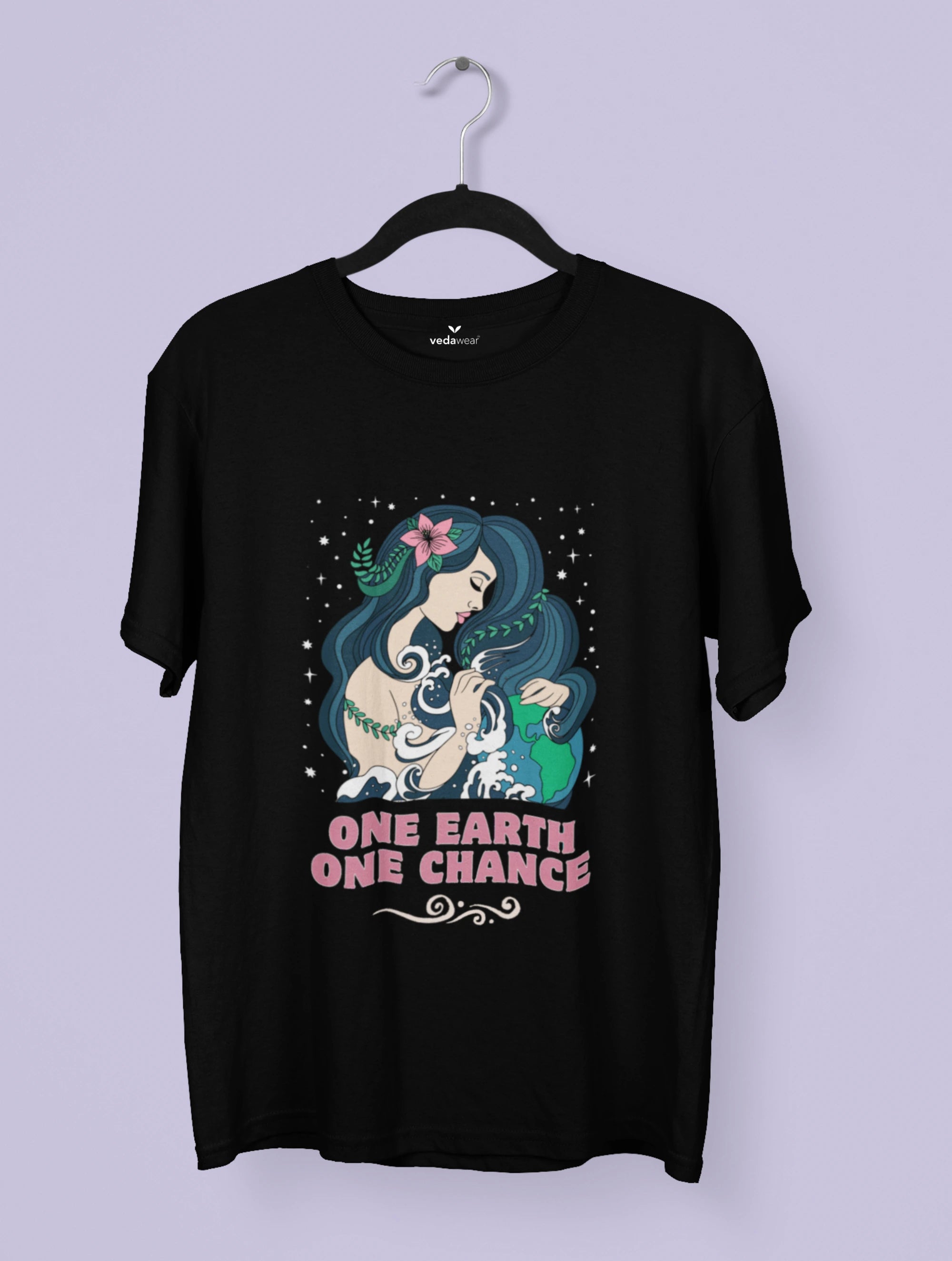 Black t-shirt with mermaid graphic and 'One Earth One Chance' text on a hanger against a light purple background