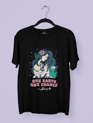 Black t-shirt with mermaid graphic and 'One Earth One Chance' text on a hanger against a light purple background