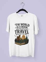 White t-shirt with travel-themed design and text on a background.