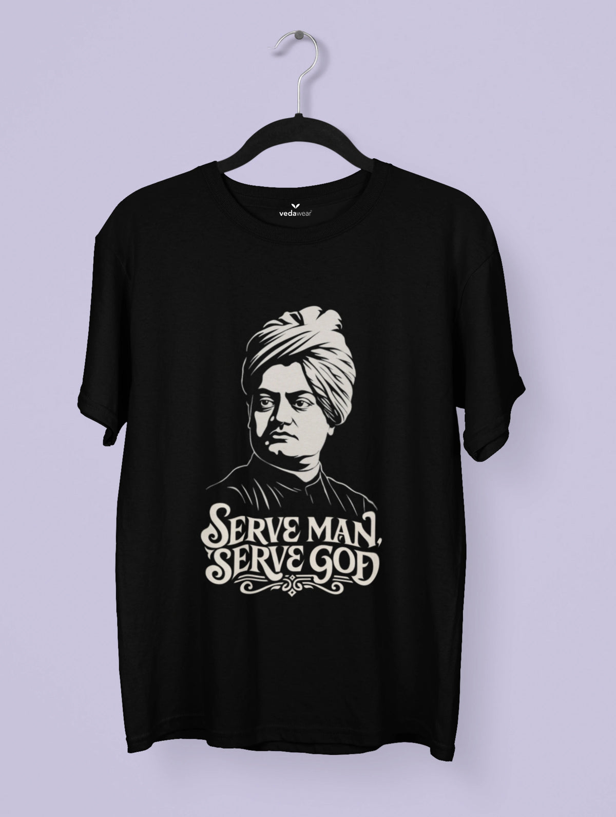 Black t-shirt with a printed design and text on a light purple background