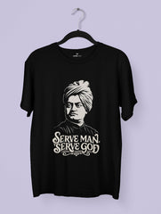 Black t-shirt with a printed design and text on a light purple background