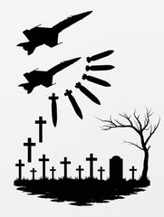 Vedawear War & Silence Artistic Premium Tee featuring two fighter jets dropping bombs that transform into crosses above a graveyard scene, anti-war monochrome design on white cotton T-shirt.
