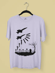 Vedawear War & Silence Artistic Premium Tee featuring two fighter jets dropping bombs that transform into crosses above a graveyard scene, anti-war monochrome design on white cotton T-shirt.