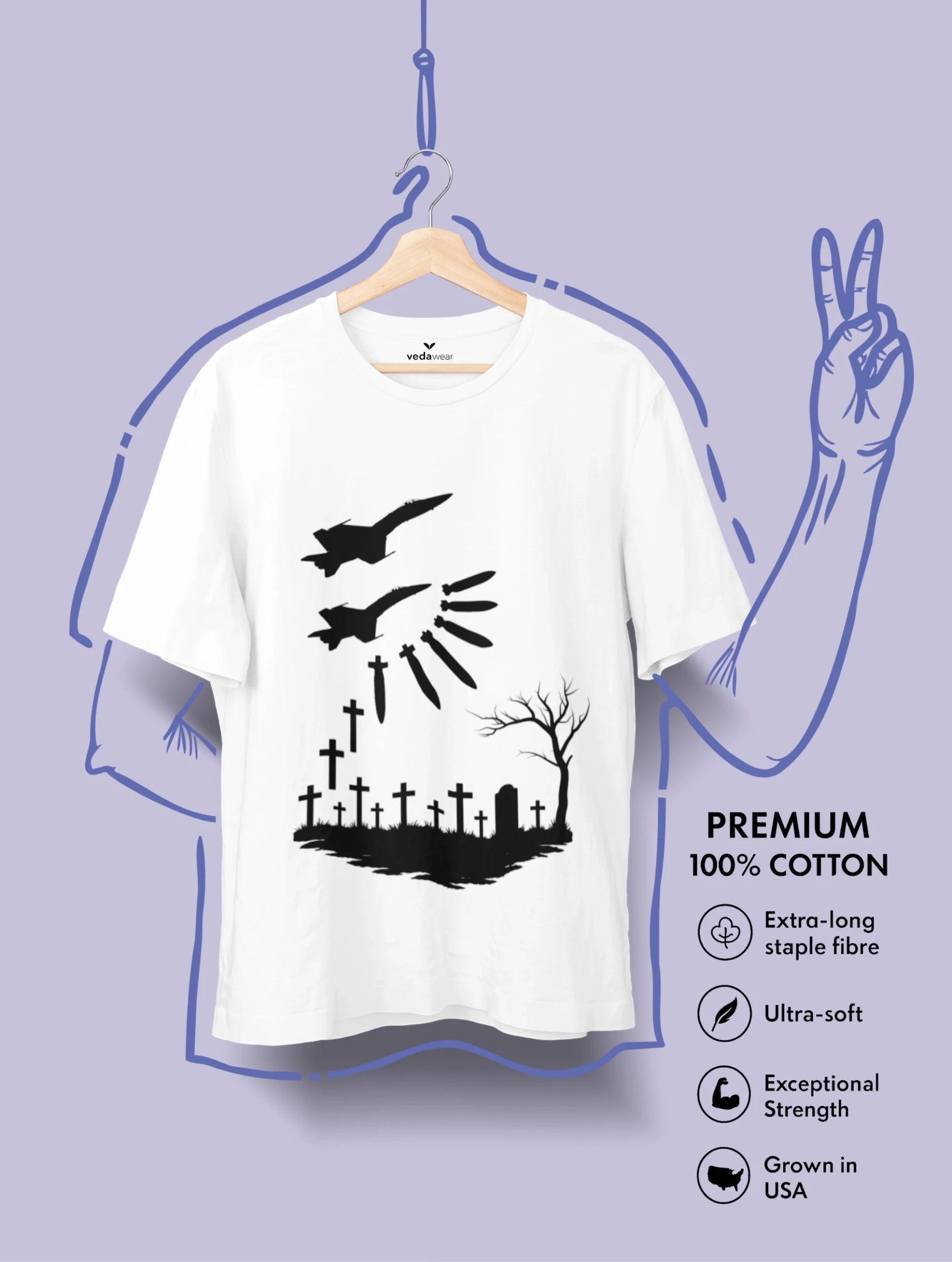 Vedawear War & Silence Artistic Premium Tee featuring two fighter jets dropping bombs that transform into crosses above a graveyard scene, anti-war monochrome design on white cotton T-shirt.