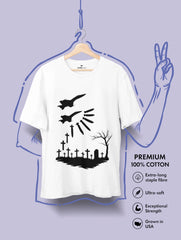 Vedawear War & Silence Artistic Premium Tee featuring two fighter jets dropping bombs that transform into crosses above a graveyard scene, anti-war monochrome design on white cotton T-shirt.