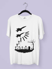 Vedawear War & Silence Artistic Premium Tee featuring two fighter jets dropping bombs that transform into crosses above a graveyard scene, anti-war monochrome design on white cotton T-shirt.